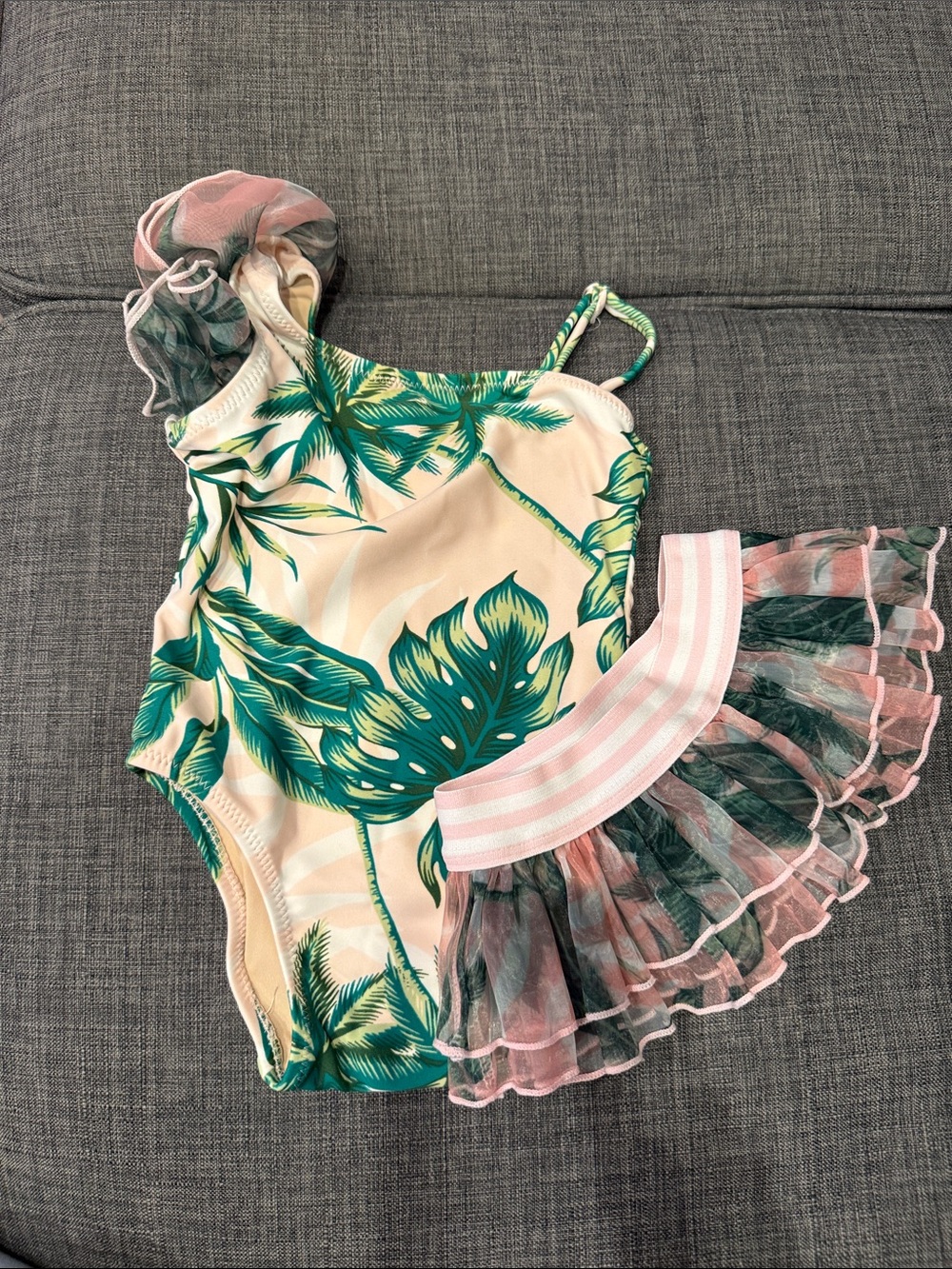 Toddler Pink Tropical Leaf Ruffle One-Piece Swimsuit